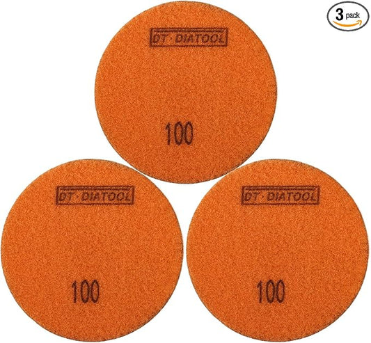 DT-DIATOOL 3 Inch Diamond Polishing Pads, 3pcs #100 Wet Polishing Hook and Loop Pads for Concrete Countertop