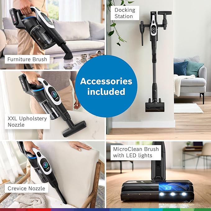 Bosch Unlimited 10 Cordless Stick Vacuum, Up to 80-Min Runtime, 90° Flex Tube, MicroClean Brush, >99.9% Dust Pick-up, HEPA Filter, Pet Hair, Carpets & Hard Floors, 3 Accessories, White