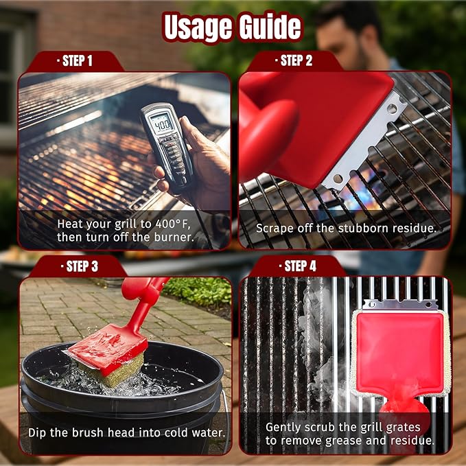 SHINESTAR Steam Grill Brush Bristle Free - Replaceable Cleaning Head with Unique Seamless-Fit Scraper, Durable Safe BBQ Cleaner for Cast Iron, Stainless-Steel & Various Grill Grate Types-Red