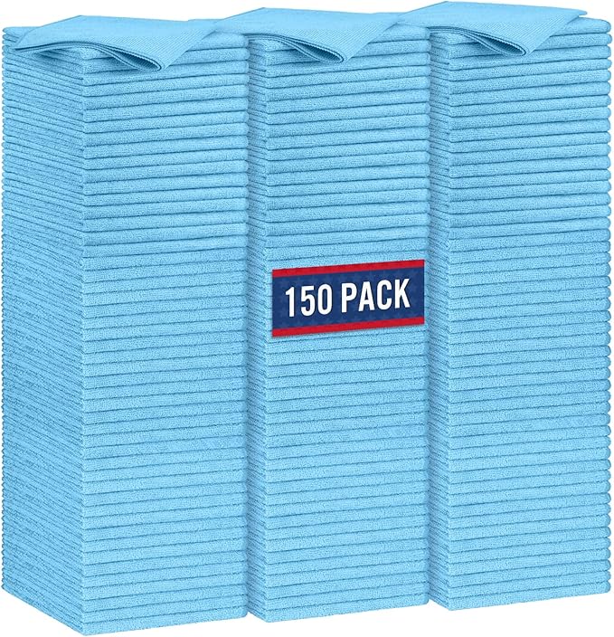 GLIMGLINT Blue Microfiber Cleaning Cloth,150PK Reusable Cleaning Rags,Highly Absorbent Shop Rags Bulk,All-Purpose Car Cleaning Towels for TV Screen,Kitchen,Bathroom,Restaurant,Garage, 14"X12"