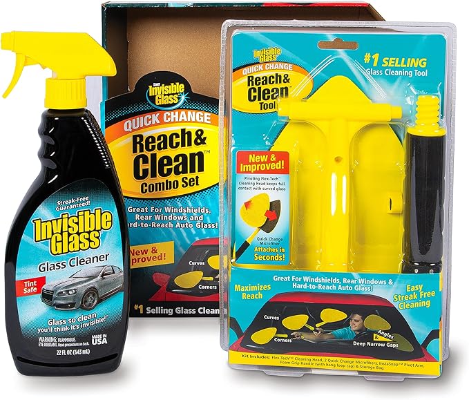Invisible Glass 99050 Reach & Clean Glass Windshield Cleaner Tool Combo Kit with Premium Spray Glass Cleaner, Extendable Handle, (2) Reusable Quick Change Microfibers, and Storage Bag