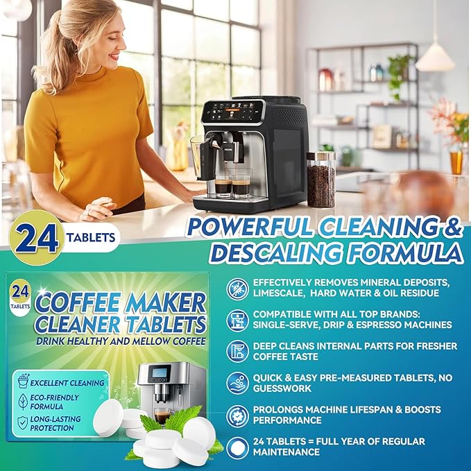 Coffee Machine Cleaner Descaler Tablets, 24 Count, Coffee Maker Cleaner Compatible With Nespresso, Keurig, Ninja, Delonghi, Espresso Machine Cleaning Tabs, Descaling Solution for Coffee Pot Maker