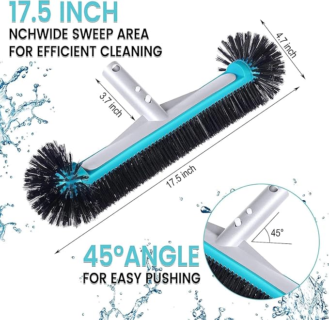 Swimming Pool Brush Head with Round Ends,17.5" Heavy Duty Aluminum Back Head for Cleans Walls, Tiles & Floors, 7 Rows Premium Nylon Bristles with EZ Clips (Blue Black)