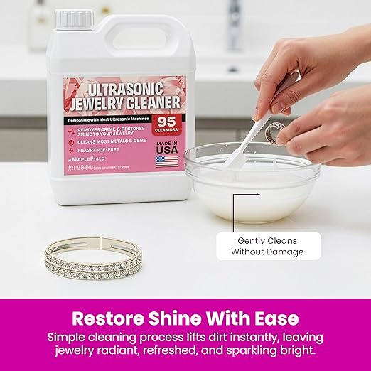 Maplefield Ultrasonic Jewelry Cleaner Solution 32oz – Concentrated Professional Jewelry Cleaning Formula for Ultrasonic Machines, Safely Removes Dirt, Grime & Tarnish from Gold, Silver & Gemstones