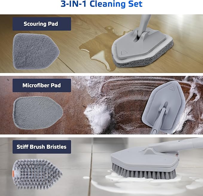 DSV Standard Tile Tub Scrubber Brush Shower Scrubber with Long Handle, 3-in-1 Cleaning Brush with 3 Detachable No Scratch Brush Heads, 56’’ Scrub Brush for Shower, Bathroom, Wall, Kitchen, Sink,Toilet