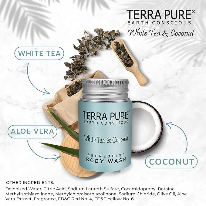 Terra Pure Travel Size Hotel Body Wash, 1 oz Bottles (100 Count) Guest Amenities for Hotels, Vacation & Short-Term Rentals, Paraben Free, White Tea & Coconut Scent, Infused with Aloe & Olive Oil