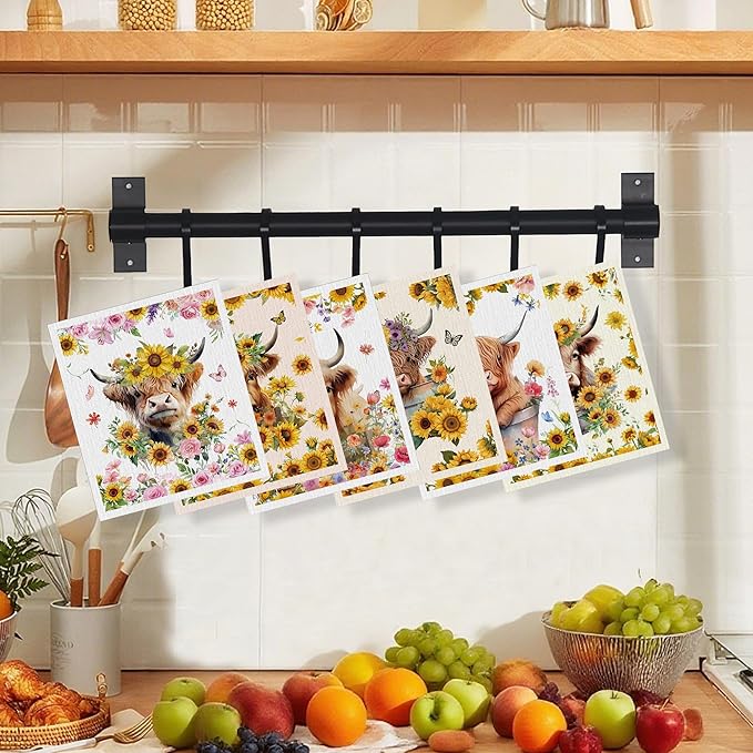 Swedish Dishcloths for Kitchen, 6 Pack Sunflower Highland Cow Swedish Dish Cloths for Washing Dishes, Reusable Washable Absorbent Dish Towels for Home Kitchen Cleaning Quick Drying