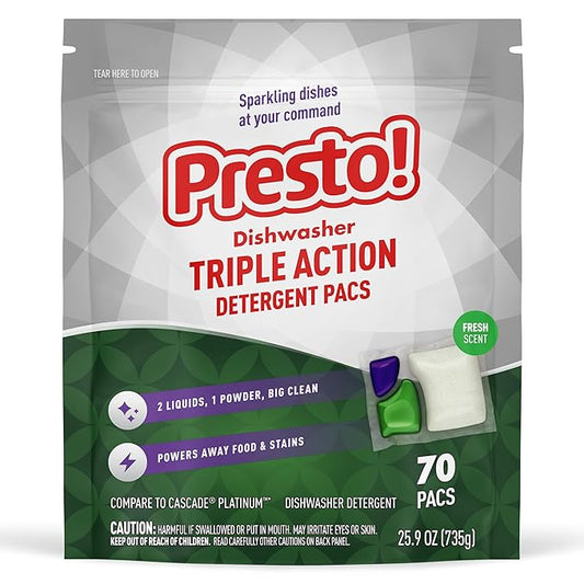 Amazon Brand - Presto! Triple Action Dishwasher Pacs, Anti-spotting, Fresh Scent, 70 Count