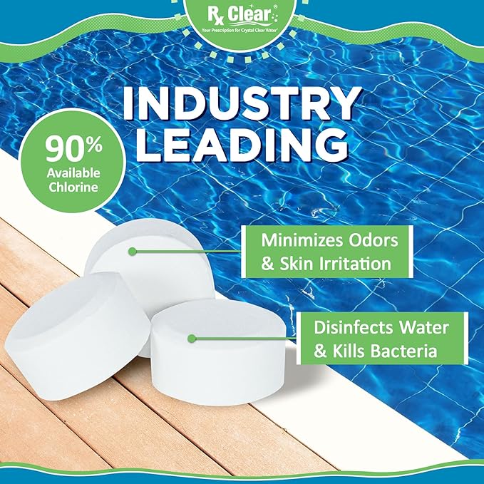 Rx Clear 1" Inch Chlorine Tabs | 1200 Pounds | Use Tablets as Bactericide, Algaecide, & Disinfectant in Swimming Pools | Stabilized, Long Lasting, Slow Dissolving, & UV Protected (24 x 50 LB Buckets)