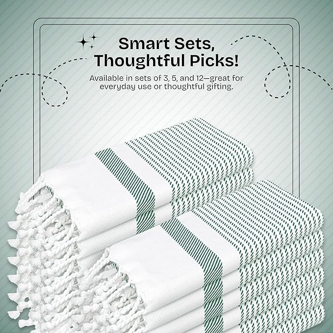 Turquiose Green Turkish Kitchen Towels 16"x26", 3 Pack, 100% Cotton, Ultra Absorbent, Soft, Fast Dry, Machine Washable, Dish Towel with Tassels for Drying Dishes, Cleaning, Wiping