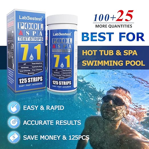 Pool Spa Hot Tub Test Strips - 125 Pool Spa Test Strips - Swimming Pool Water Testing Kit - Rapid Accurate Easy to Test pH, Hardness, Cyanuric Acid, Chlorine, Bromine, and More (7-Way)