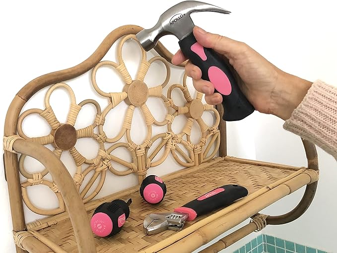 Apollo Tools 4 Piece Stubby Tool Set for Small Hands and Tight Spaces. Convenient, Compact Small Tool Set includes Mini Hammer, Mini Screwdriver Set, Mini Wrench - Pink Ribbon - Pink - DT0240P