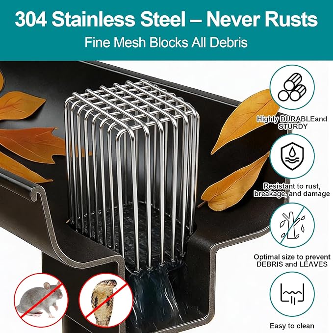 Adjustable Gutter Guard 304 Stainless Steel, Downspout Cover 3.5" L × 2.6" W × 3.9" H - Downspout Filter & Extension Fits 2" x 3" Pipe, Flexible Opening for Leaves Protection & Roof drain Animal Guard