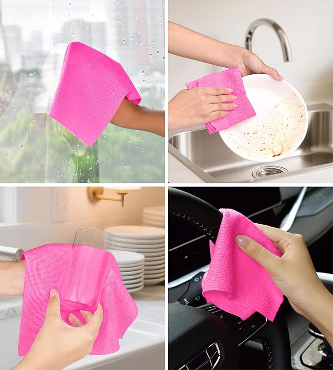 Microfiber Cleaning Cloth Roll - 100 Pack Tear Away Microfiber Paper Towels, Reusable, Washable, Scratch-Free, Kitchen Towels for Car, Home, Kitchen, Glass, Dishes (Hot Pink)
