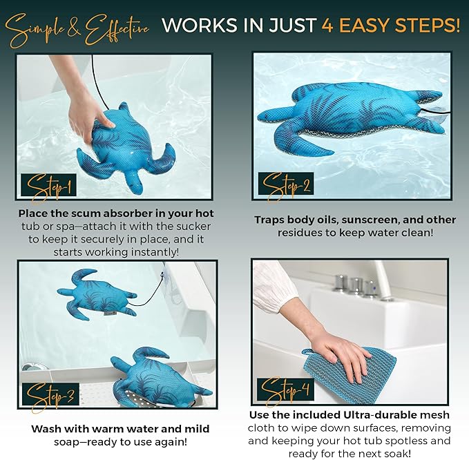 Hot Tub Scum Absorber Turtle ScumGuard Mesh - 1-Pack Oil & Scum Absorber for Spa, Hot Tub & Pool - Keeps Water Clear & Filters Protected - Includes 1 Washable Turtle Absorbers & Mesh Cleaning Cloth