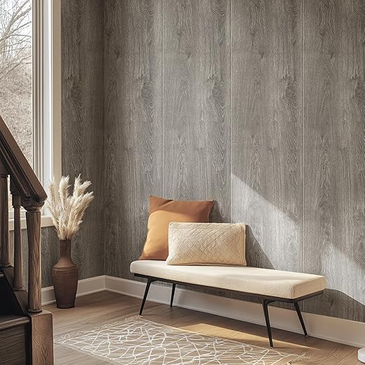Luxury Thicken Wood Grain Peel and Stick Floor Tiles Self-Adhesive Vinyl Flooring Roll-DIY Easy for Wall and Floor,Hard Surface/Waterproof/Anti Slip (Gray Vinyl Flooring, 17.72 "W x 393.7" L)
