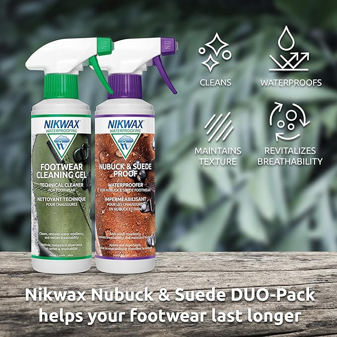 Nikwax Nubuck & Suede Proof Duo-Pack Clean & Waterproof Spray Restores DWR Water Repellency, Leather Shoe Care, Boot & Footwear Cleaner with Scrub Brush, Rain Protection, Safe for Gore-Tex