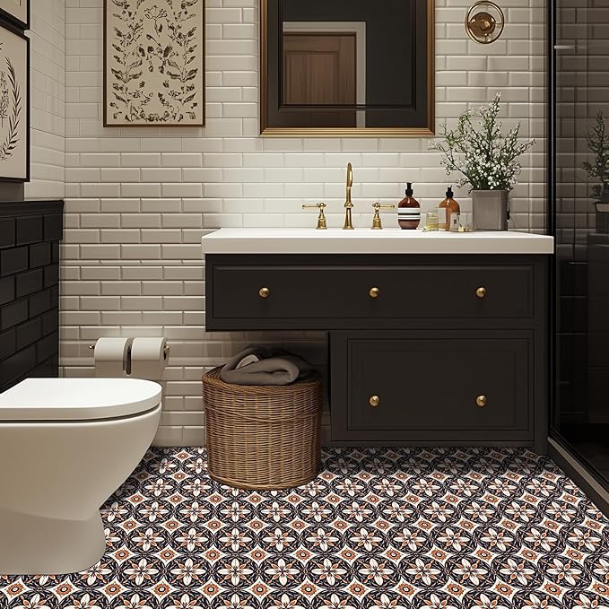 10PCS 12x12 Inch Retro Orange Black Peel and Stick Floor Tiles Removable Self Adhesive Vinyl Flooring Stickers for Kitchen Entryway Dining Room Home Decor