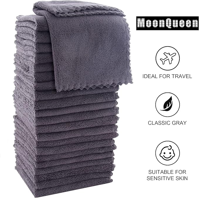 MOONQUEEN Ultra Soft Premium Washcloths Set - 12 x 12 inches - 24 Pack - Quick Drying - Highly Absorbent Coral Velvet Bathroom Wash Clothes - Use as Bath, Spa, Facial, Fingertip Towel (Grey)