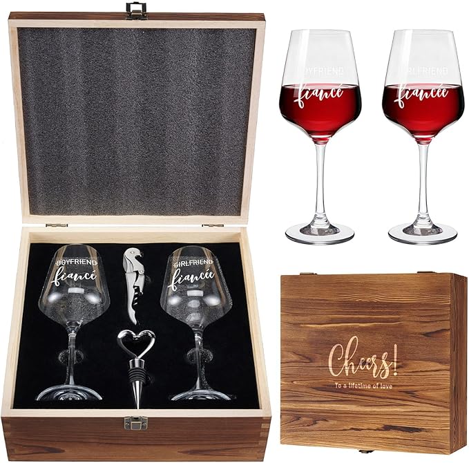 AW BRIDAL Engagement Gifts for Couples Wine Glasses Set, 2026 Fiance Gifts for Women and Newlyweds, Engaged Wine Glasses with Wine Stopper and Wood Keepsake Box, Bridal Shower Gifts for Bride