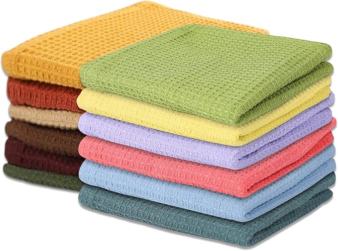 Vintage Vista 100% Cotton Waffle Dish Cloths (Pack of 12) - Dish Rags for Washing Dishes - Reusable & Highly Absorbent Kitchen Towels - Kitchen Rags for Christmas - (12" x 12" - Multicolor I)