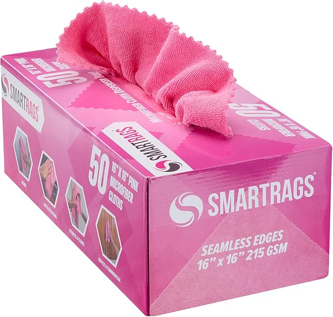 Arkwright Smart Rags Microfiber Cleaning Cloths, Pack of 50 in a Box, Lint Free 215 GSM Reusable Towels for Auto, Office and Household Cleaning, 16 x 16 in, Pink