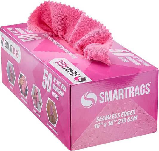 Arkwright Smart Rags Microfiber Cleaning Cloths, Pack of 50 in a Box, Lint Free 215 GSM Reusable Towels for Auto, Office and Household Cleaning, 16 x 16 in, Pink
