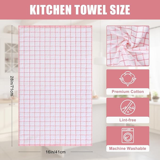 Homaxy Premium Kitchen Towels(16”x 28”, 6 Pack), Large Ring Spun Cotton Dish Towels, Super Absorbent Soft Terry Kitchen Hand Towels, Check Design Tea Towel Set with Hanging Loop, Pink