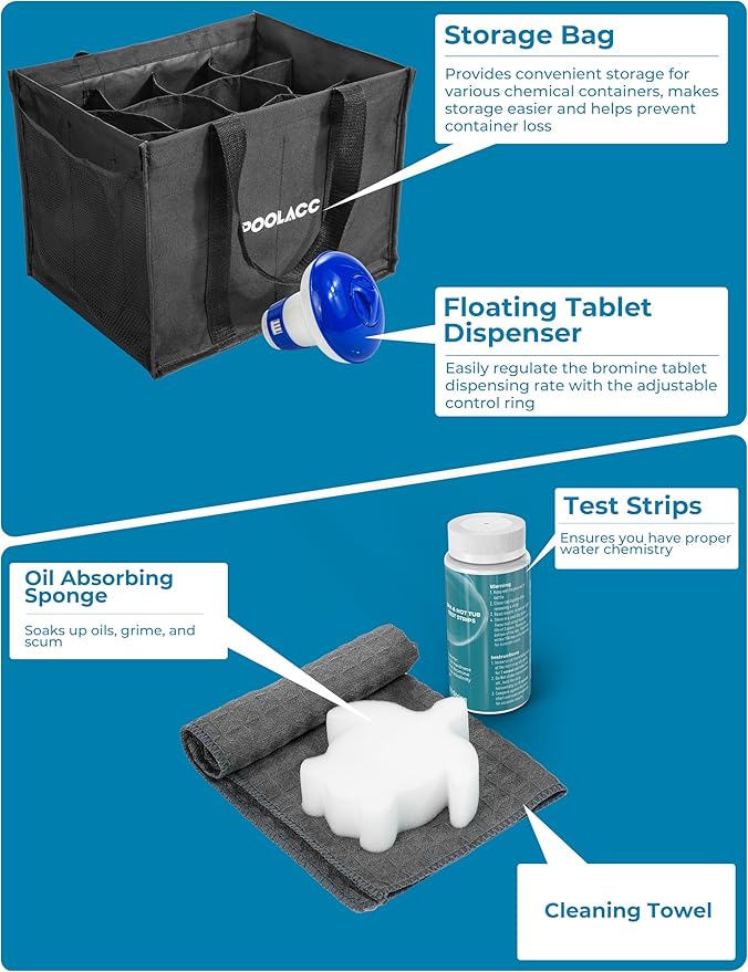 Bromine Hot Tub Starter Kit: Includes Extra-Capacity Chemicals, 50 Test Strips, Dispenser & Accessories | All-in-One Spa Maintenance Set