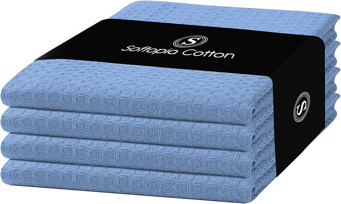 Sky Blue Waffle Kitchen Dish Towels 100% Cotton, Soft, Absorbent, Quick Drying, Multipurpose Use, Bar & Tea Towels, 16x26 Inches, Durable, Machine Washable, Reusable, Set of 4
