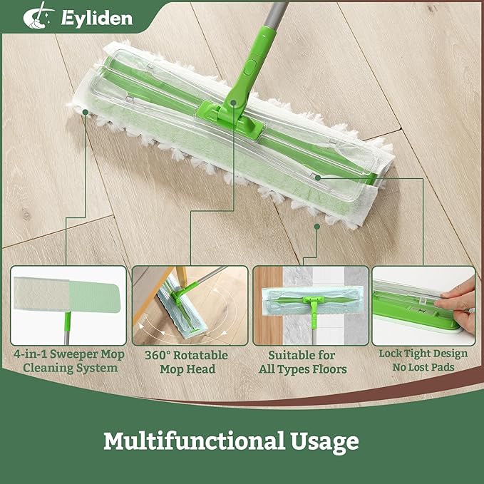 Eyliden Large Sweeper Mop, 16.5" Wide - Lock Tight Design No Lost Pads - 22 Disposable Dry & Wet Cloths, 58" Adjustable Handle, Dust Mops for Pet Hair, Hardwood Floors, Universal Refills (Green)