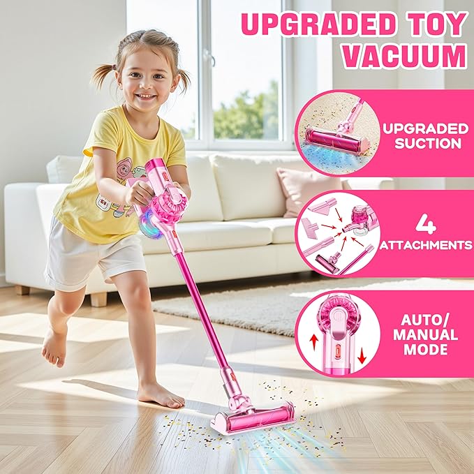 4-in-1 Kids Toy Vacuum That Works with Suction, Electric Toy Toddler Vacuum Cleaner for Children Ages 3 4 5 6+ Boys & Girls,Toddlers Toys Cleaning Set for Pretend Play (Pink)