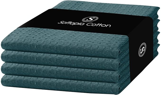 Teal Green Waffle Kitchen Dish Towels 100% Cotton, Soft, Absorbent, Quick Drying, Multipurpose Use, Bar & Tea Towels, 16x26 Inches, Durable, Machine Washable, Reusable, Set of 4