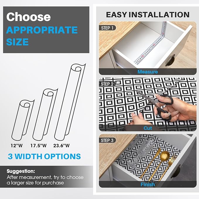 Coavas Extra Grip Thickened Shelf and Drawer Liner - Non-Adhesive Non-Slip Waterproof Mats for Kitchen Cabinets, Drawers, Shelves, Dresser & Cupboard, Easy Cut DIY (Black Rhombic, 12IN x 20FT)