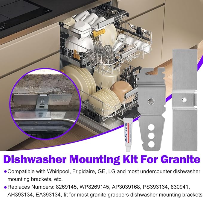 Granite Dishwasher Mounting Bracket Kit Fits Most Under Counter Dishwasher Mounting Bracket For Granite Countertop Dishwasher Brackets WP8269145 AP6012289 PS11745496 With Glue and Screws - 2 Pack