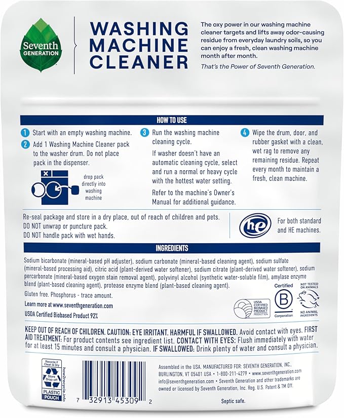 Seventh Generation Washing Machine Cleaner 6 Count Free & Clear Targets Odor-Causing Residue Powered by Oxy Power 4.2 oz (Pack of 2)