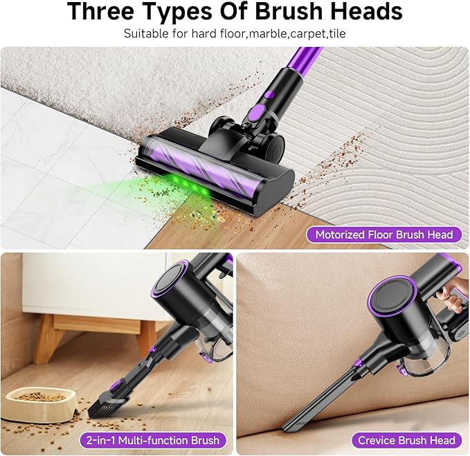 Cordless Vacuum Cleaner, 500W/40Kpa Vacuum Cleaners for Home, Stick Vacuum Cordless with LED Display, Anti-Tangle & Wall Mount, 8 in 1 Lightweight Vacuum for Hard Floors Pet Hair(Purple)