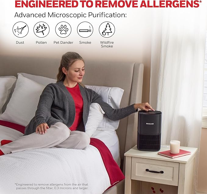 Honeywell AllergenPlus HEPA Air Purifier for Home, 530 Ft² Rooms in 1 hour, 3-in-1 Filter, Compact Design, Auto Mode, Reduces Allergens, Dust, Pollen, Smoke, Pet Dander, Odors, Black, HPA125B