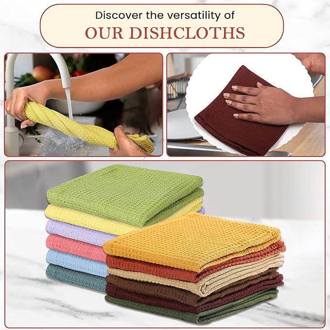 Vintage Vista 100% Cotton Waffle Dish Cloths (Pack of 12) - Dish Rags for Washing Dishes - Reusable & Highly Absorbent Kitchen Towels - Kitchen Rags for Christmas - (12" x 12" - Multicolor I)