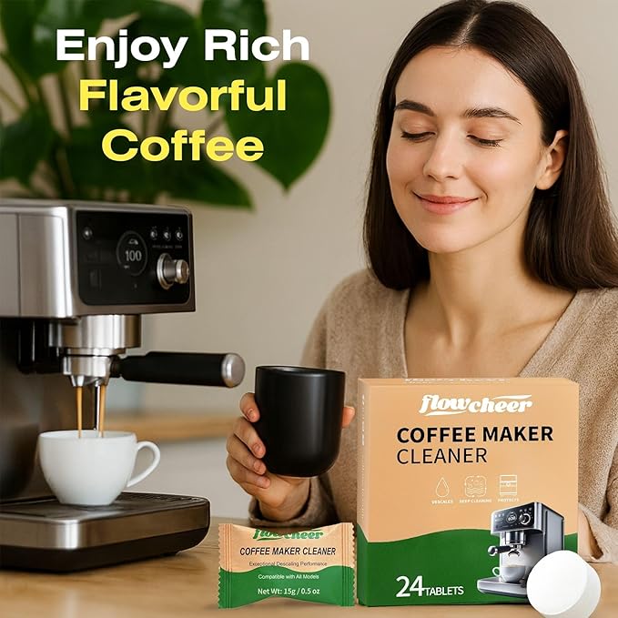 flowcheer Descaler Tablets (24 Pack) - Universal Coffee Maker Cleaner for Breville, Jura, Keurig, Nespresso, DeLonghi - Removes Limescale, Improves Taste & Extends Life - 1 Year Supply