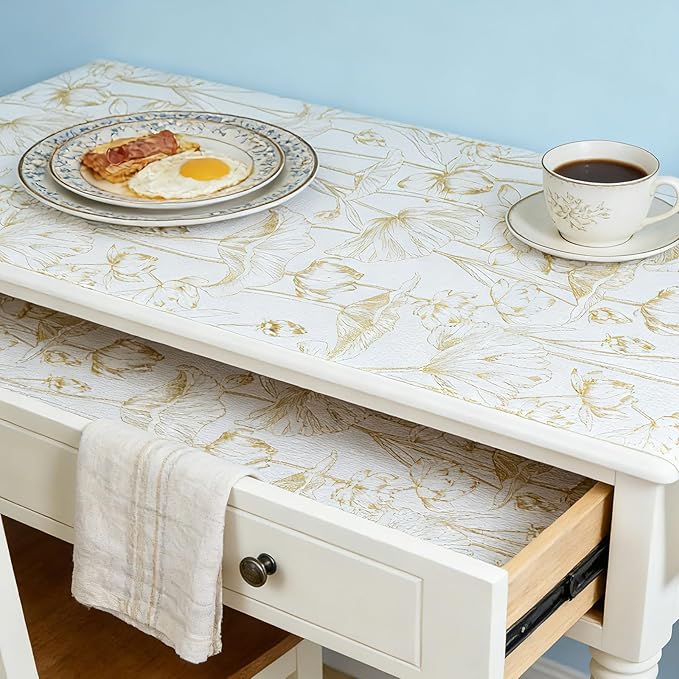 Shelf Liners Non Adhesive Light Base Gold Lotus Pattern - Thickened Non-Slip Easy to Clean Drawer Liner for Kitchen Cabinets, Tool Box, Refrigerator, with Knife & Tape Measure, 17in x 30FT