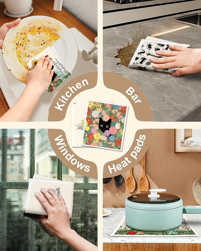Swedish Dishcloths for Kitchen with Hooks - Reusable Dish Cloths for Washing Dishes Fast Drying Cute Fun 5 Pack Swedish Dish Towels Washable Cleaning Sponge, Black Cats