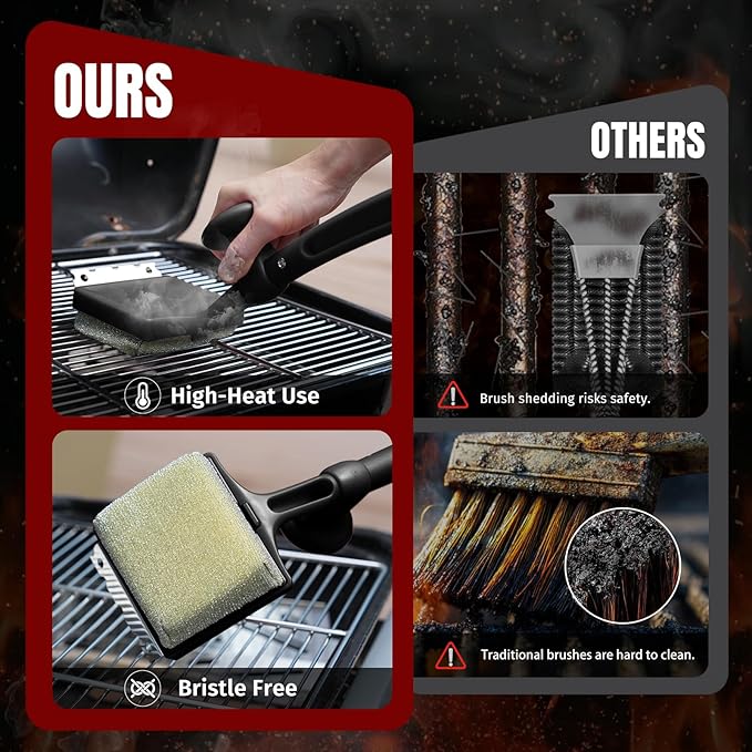 Bristle Free Grill Brush with Steam Cleaning with Replaceable Aramid Fiber Head - Heat Resistant to 600°F, Built-in Scraper for Cast Iron, Stainless Steel, Gas, Charcoal & Pellet Grills