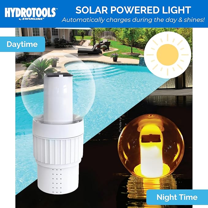 SWIMLINE HYDROTOOLS Chlorine Floater Dispenser For Above Ground & Inground Pools Spas | Solar Powered LED Light-Up Torch Flame Pool Decoration |Large Capacity Floating 3-Inch Chlorine Bromine Tabs
