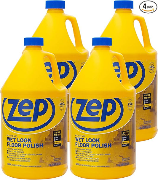 Zep Commercial Wet-Look Floor Polish, 4-1 Gallon Bottles, Protects Against Spots, Stains and Scuffs, Slip-Resistant High Gloss Finish (ZUWLFF128)