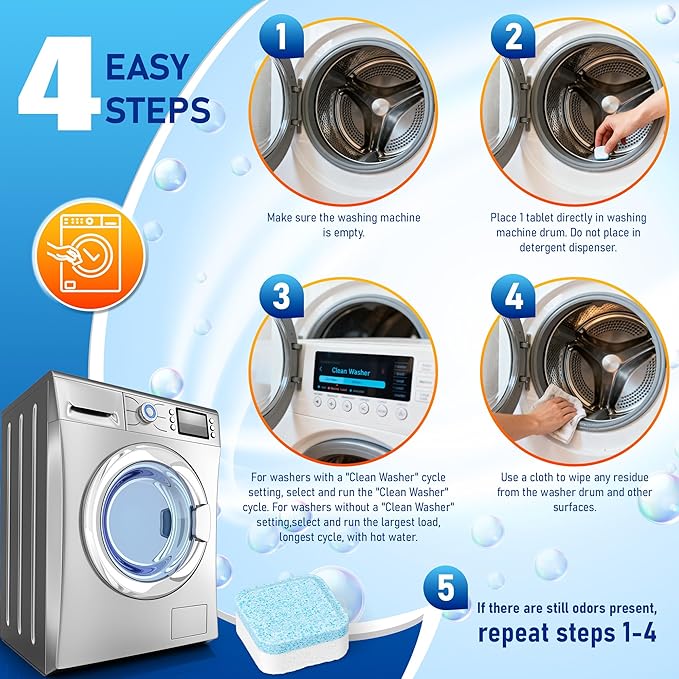 Washing Machine Cleaner Tablets (48 Count) - Deep Descaling Formula for HE Front & Top Load Washers - Removes Limescale, Grime & Odor - Septic Safe, Fresh Lemon Scent
