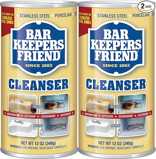 Bar Keepers Friend Powder Cleanser (2 x 12 oz) Multipurpose Cleaner, Stain & Rust Remover for Bathroom, Kitchen & Outdoor Use on Stainless Steel, Aluminum, Brass, Tile, Ceramic, Porcelain & More