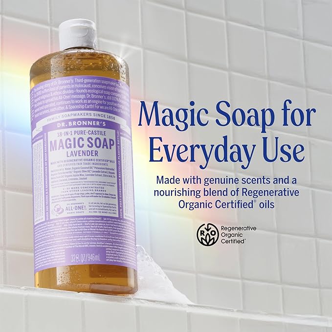 Dr. Bronner's - Pure-Castile Liquid Soap (Lavender, 32 ounce) - Made with Organic Oils, 18-in-1 Uses: Face, Body, Hair, Laundry, Pets and Dishes, Concentrated, Vegan, Non-GMO