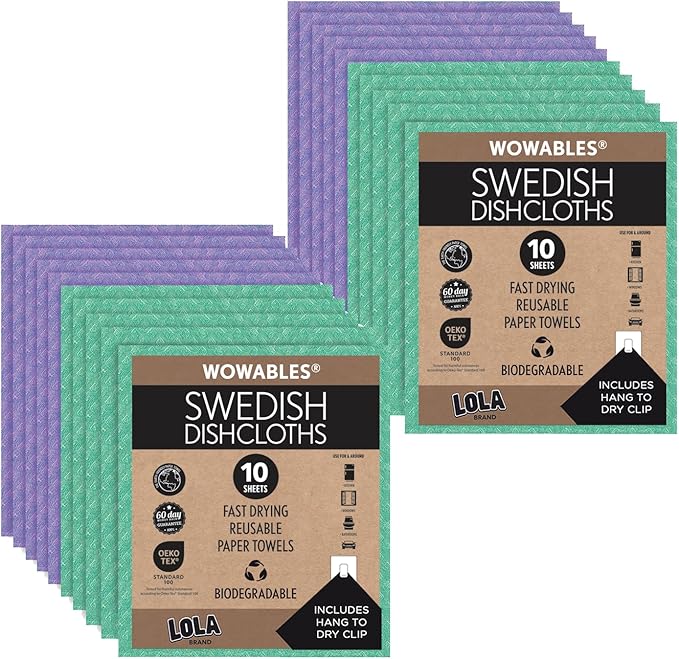 LOLA Swedish Dishcloths for Kitchen 20 Sheets, Biodegradable & Compostable Reusable Paper Towel Cleaning Cloths Zero Waste No Odor Washing Dishes Ultra Absorbent Cellulose Sponge Towel Made in Germany