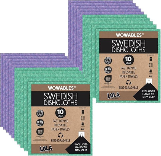 LOLA Swedish Dishcloths for Kitchen 20 Sheets, Biodegradable & Compostable Reusable Paper Towel Cleaning Cloths Zero Waste No Odor Washing Dishes Ultra Absorbent Cellulose Sponge Towel Made in Germany